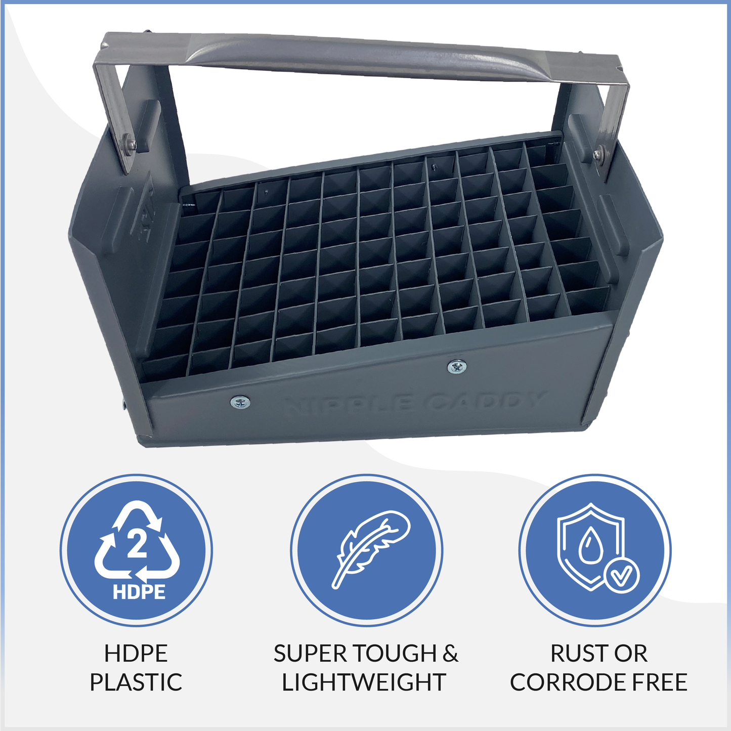 Nipple Caddy for 1/2" nipples holds 77 nipples each strong no-rust HDPE plastic