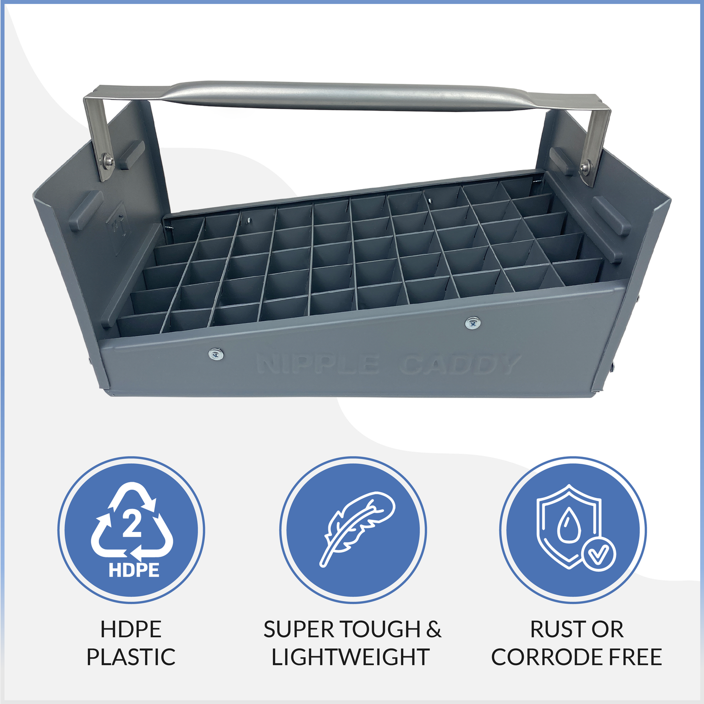 Nipple Caddy for 1" nipples holds 50 nipples each strong no-rust HDPE plastic