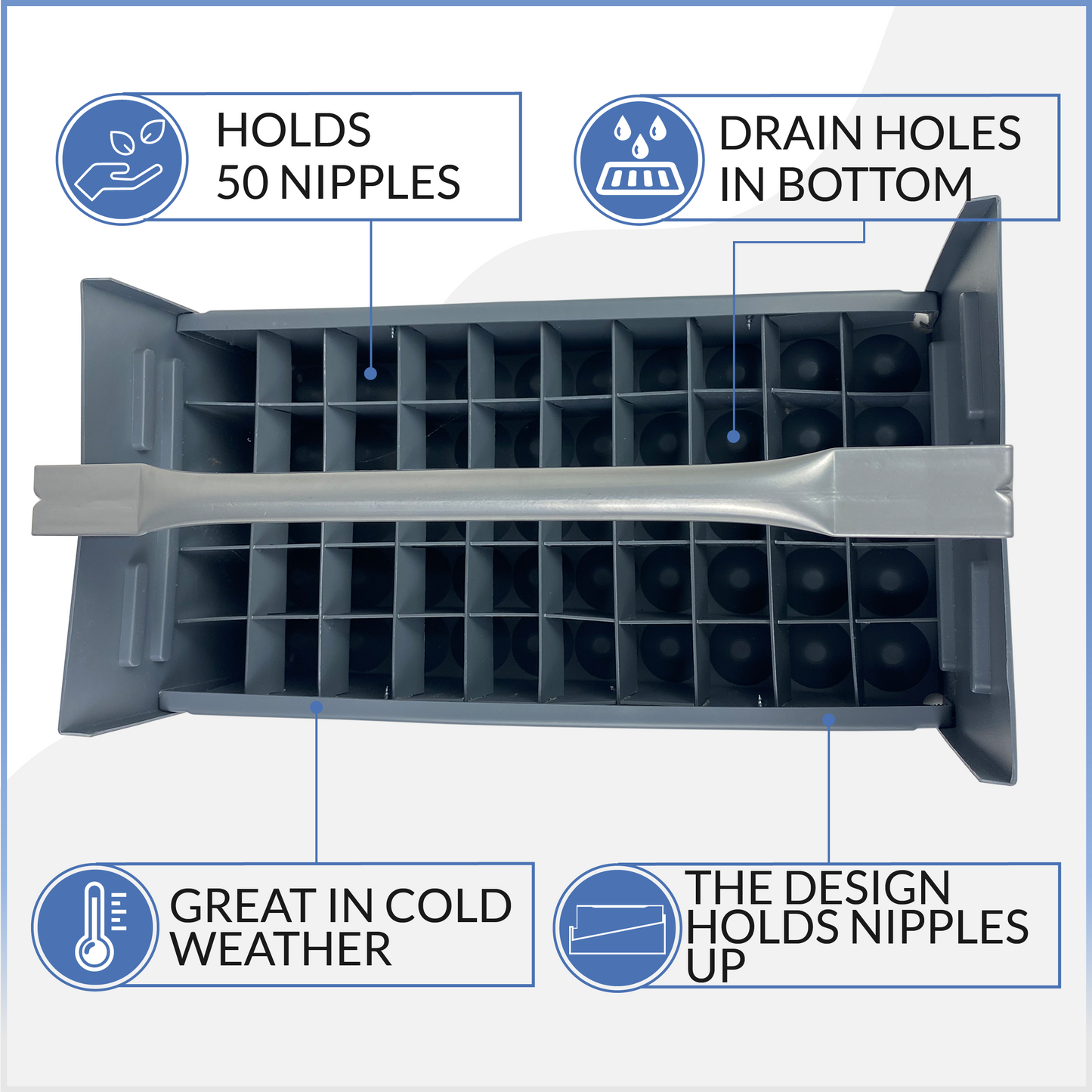 Nipple Caddy for 1" nipples holds 50 nipples each strong no-rust HDPE plastic