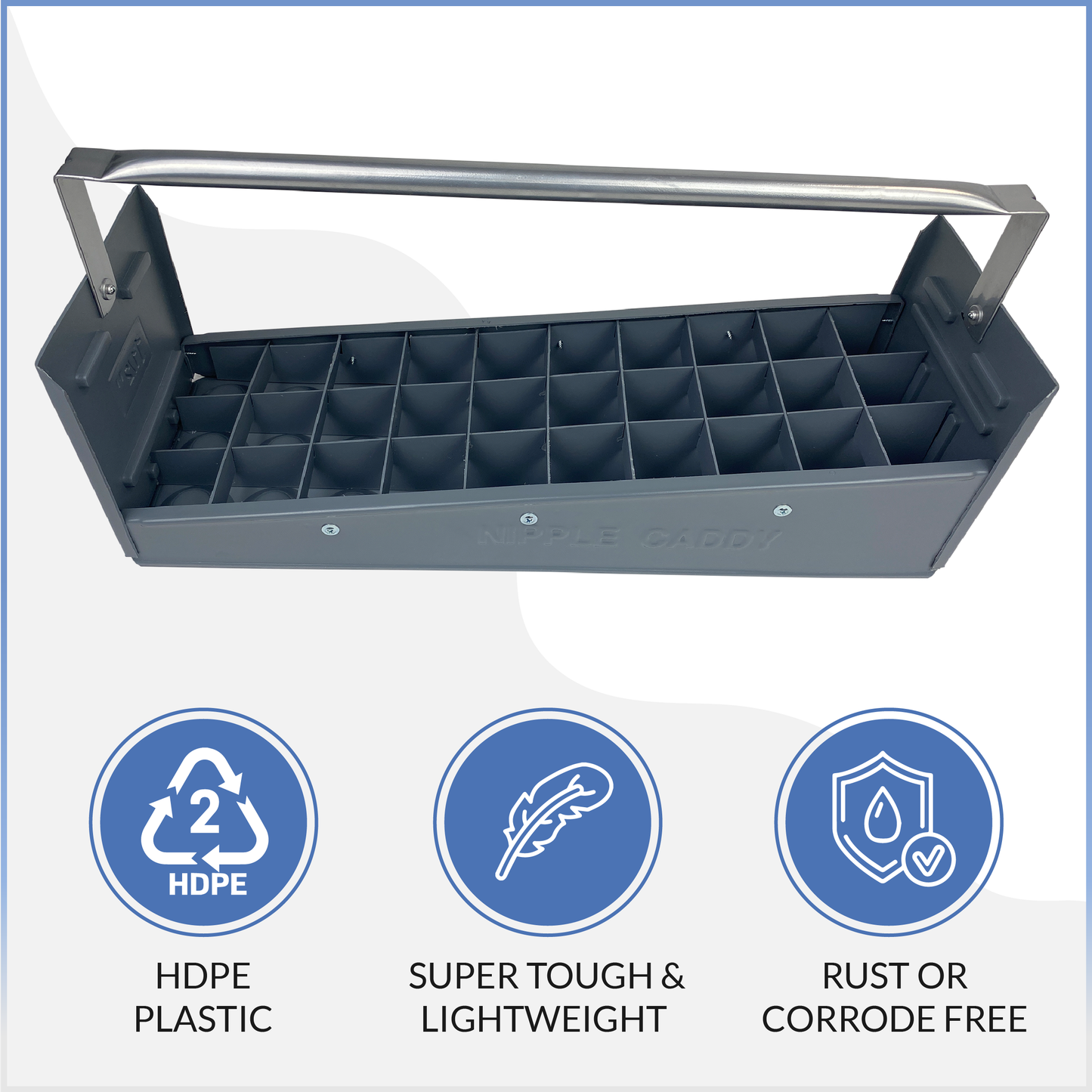 Nipple Caddy for 1 1/2" nipples holds 30 nipples each strong no-rust HDPE plastic
