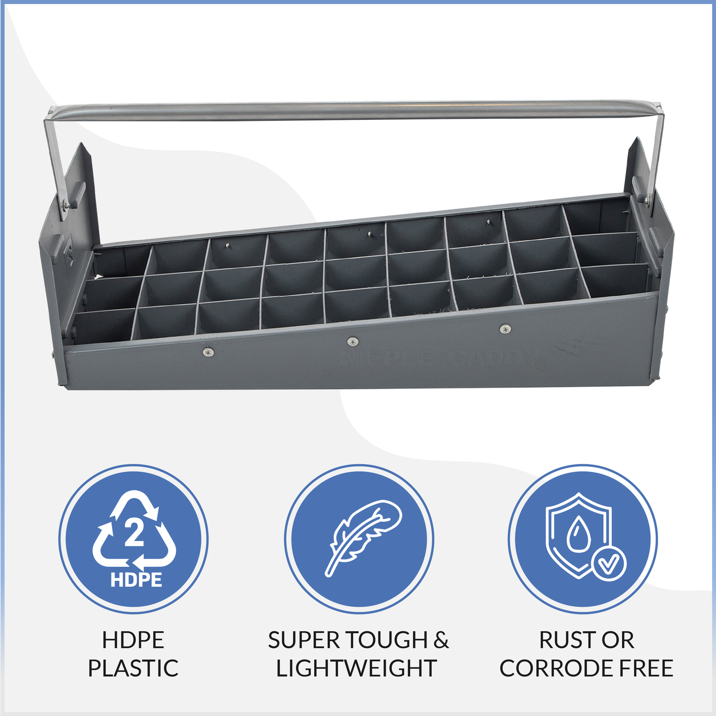 Nipple Caddy for 2" nipples holds 27 nipples each strong no-rust HDPE plastic