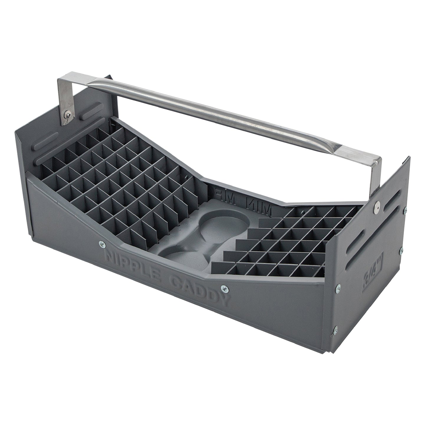 Nipple Caddy combo holds 36 of 3/4" nipples and 49 of 1/2" nipples two pint cans, strong no-rust HDPE plastic