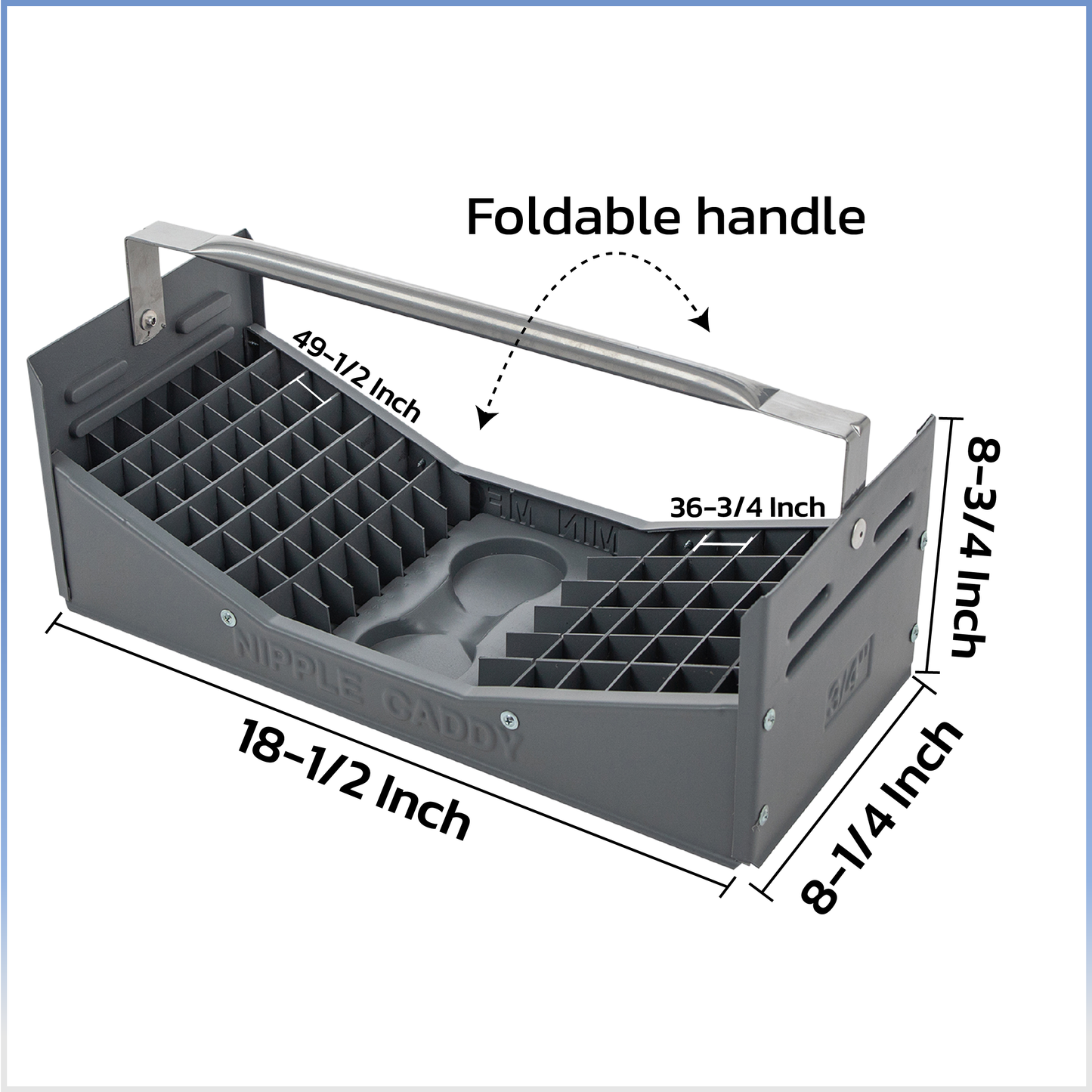Nipple Caddy combo holds 36 of 3/4" nipples and 49 of 1/2" nipples two pint cans, strong no-rust HDPE plastic