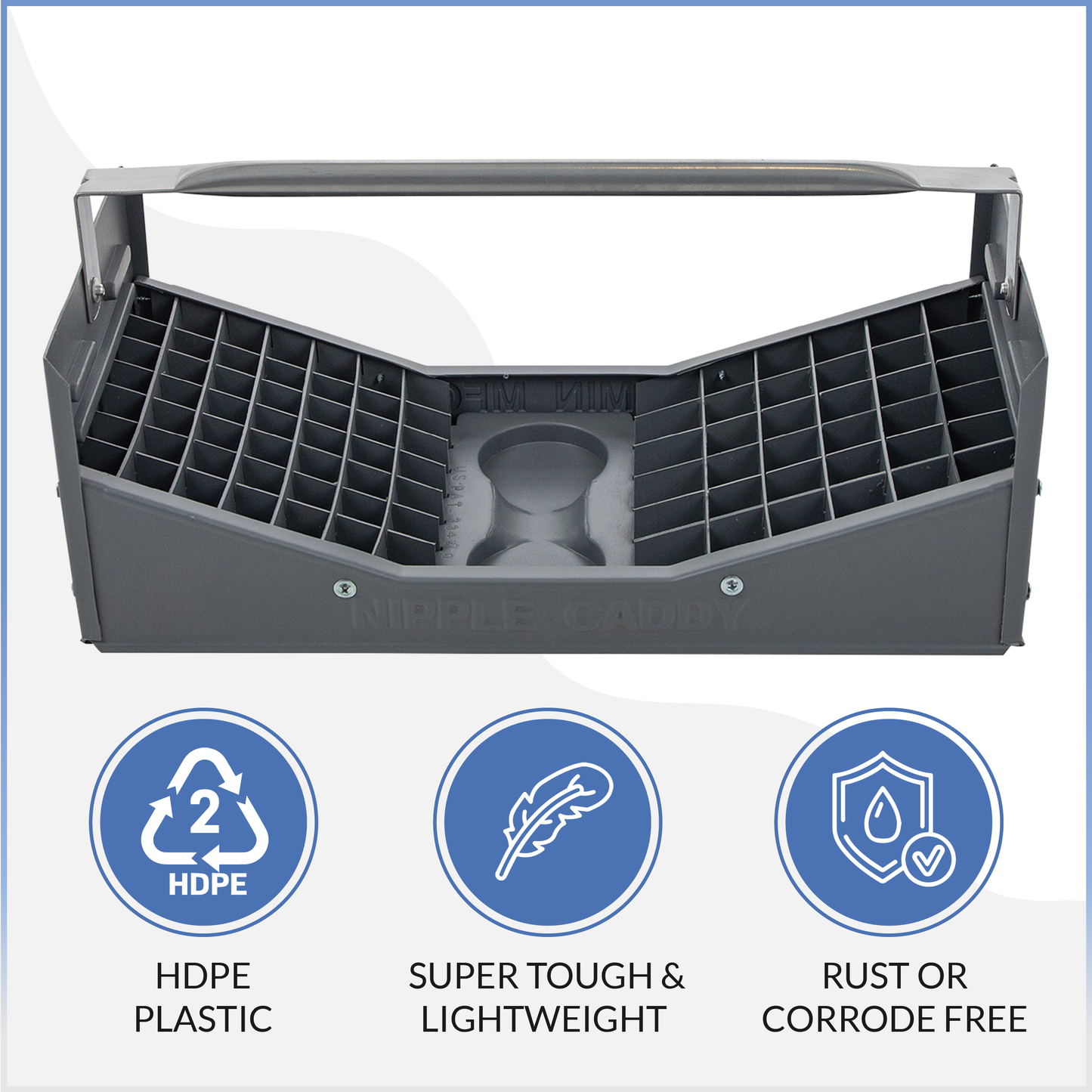 Nipple Caddy combo holds 36 of 3/4" nipples and 49 of 1/2" nipples two pint cans, strong no-rust HDPE plastic