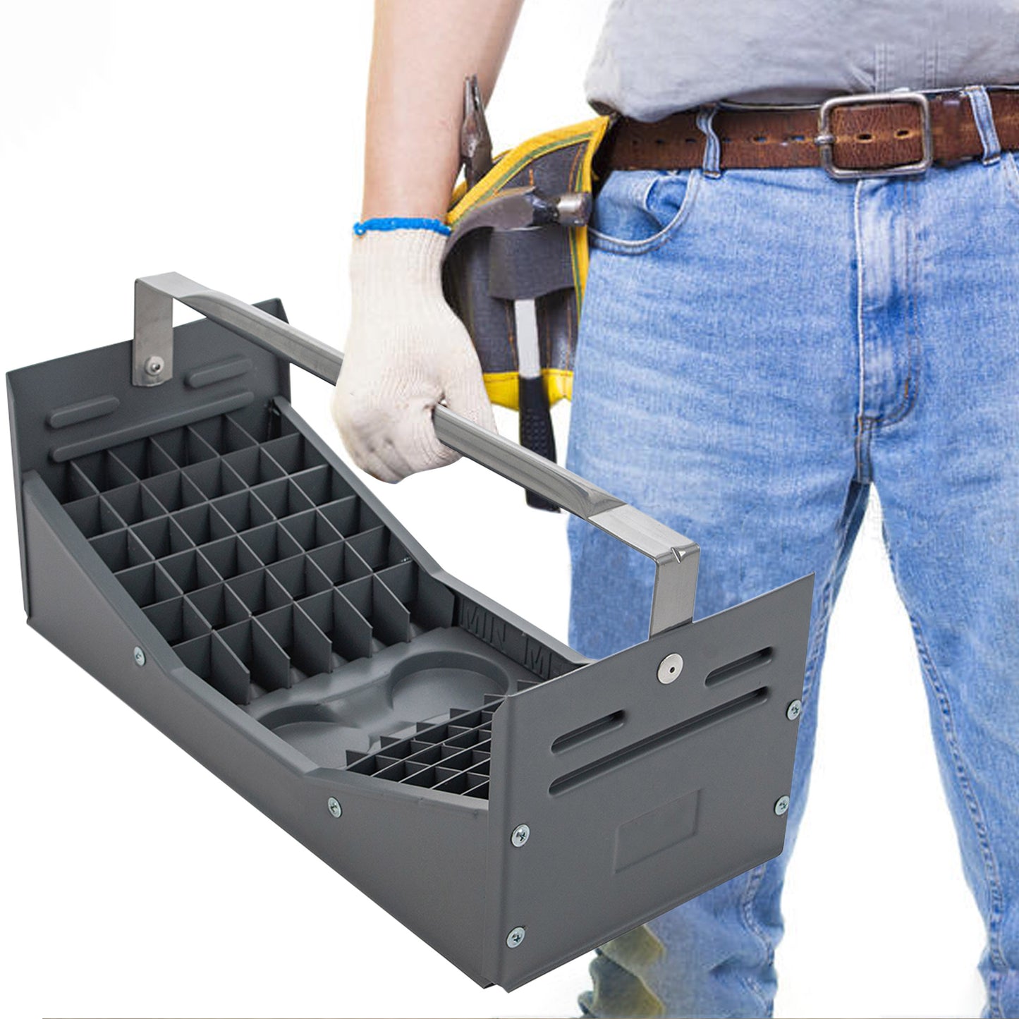 Nipple Caddy combo holds 36 of 3/4" nipples and 49 of 1/2" nipples two pint cans, strong no-rust HDPE plastic