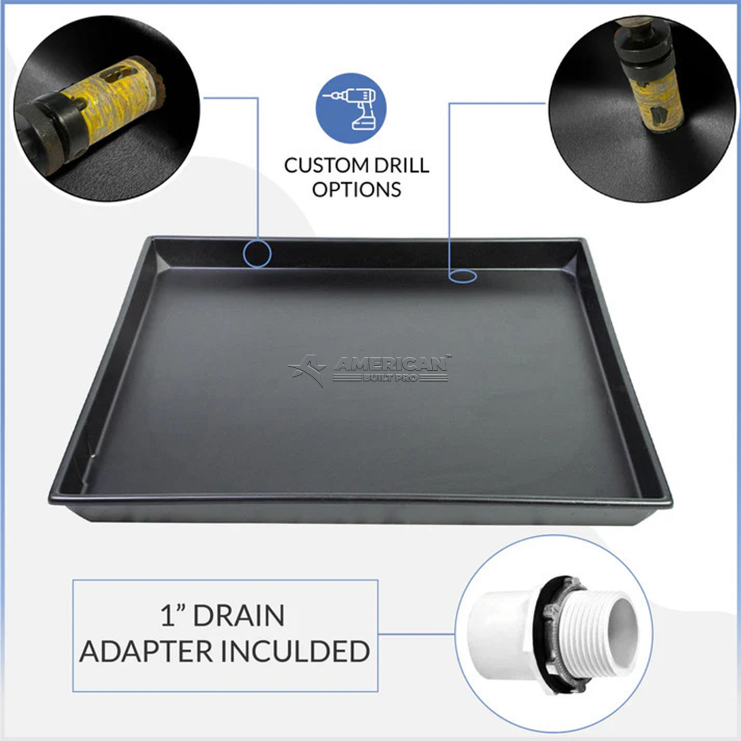 Heavy duty HVAC pan ID Incl sensor cut out, drain hose adaptor