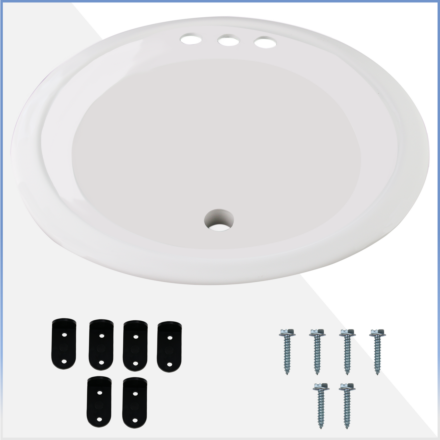 18" x 20" Round white Sink includes mounting tabs, screws and overflow tubing