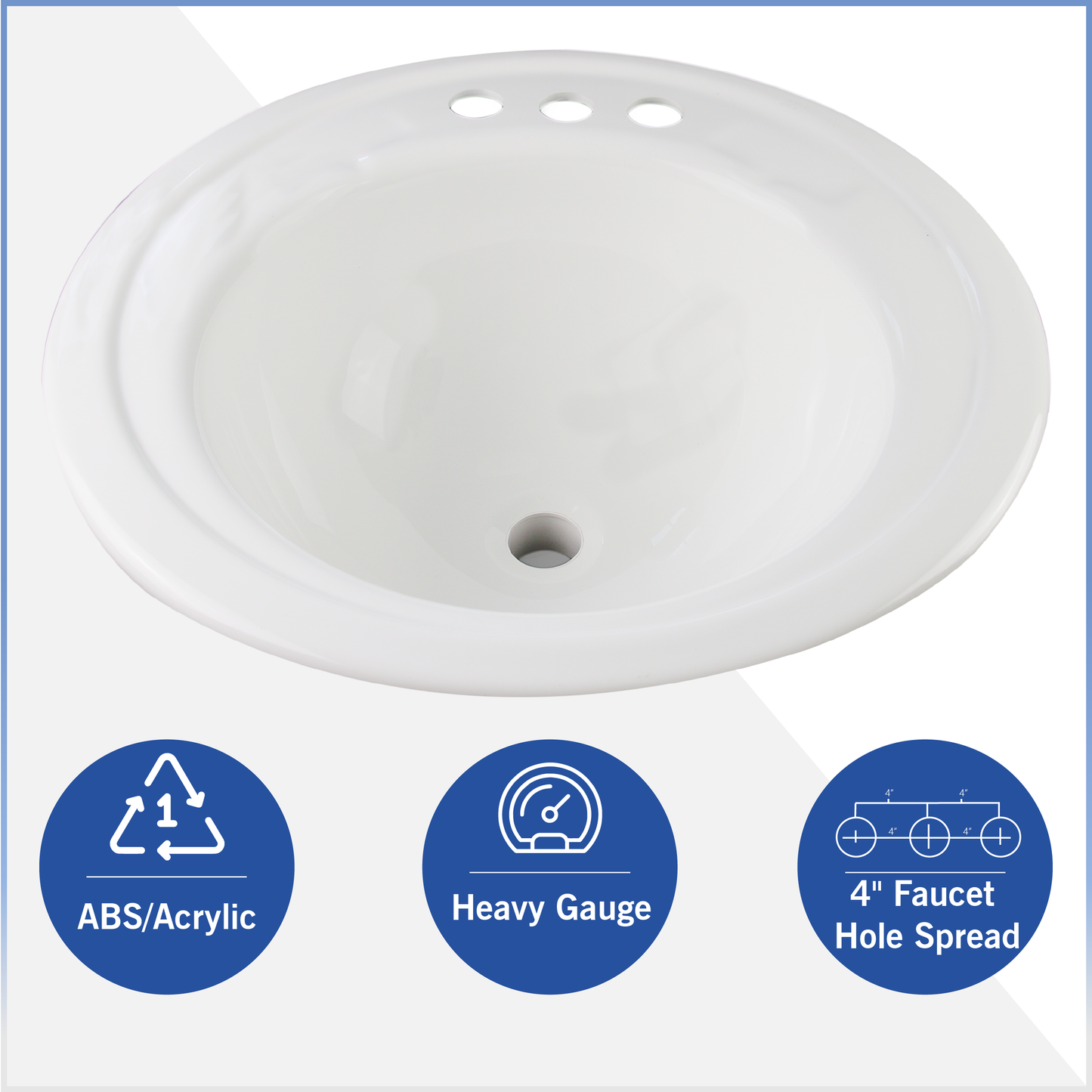 18" x 20" Round white Sink includes mounting tabs, screws and overflow tubing