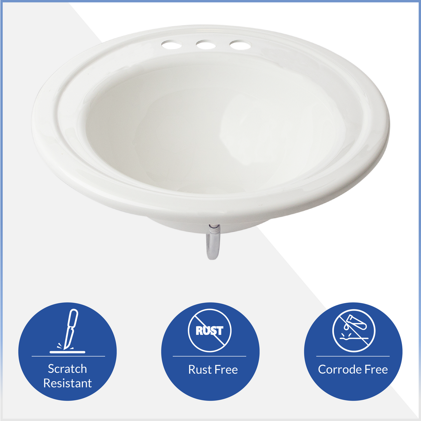 18" x 20" Round white Sink includes mounting tabs, screws and overflow tubing