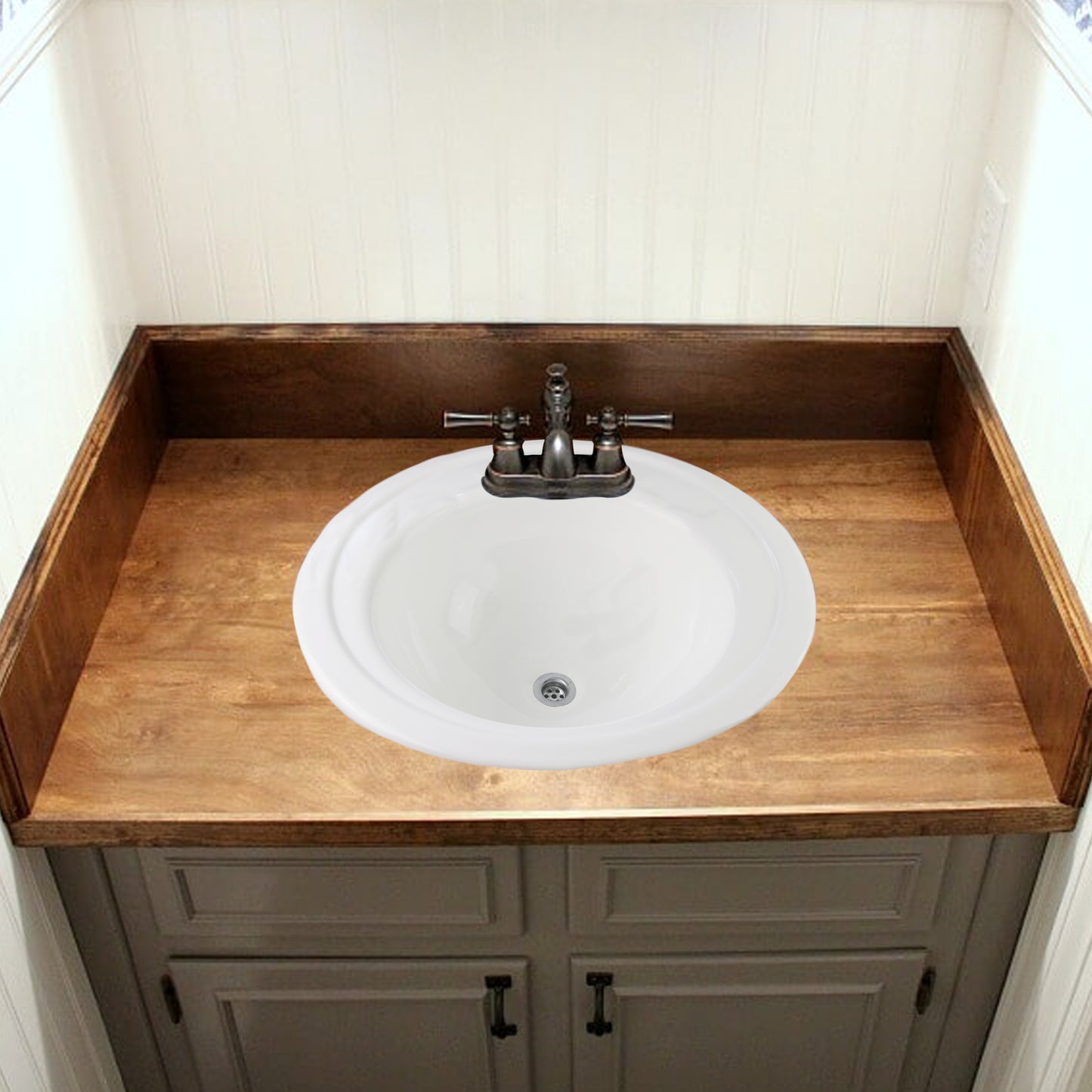 18" x 20" Round white Sink includes mounting tabs, screws and overflow tubing