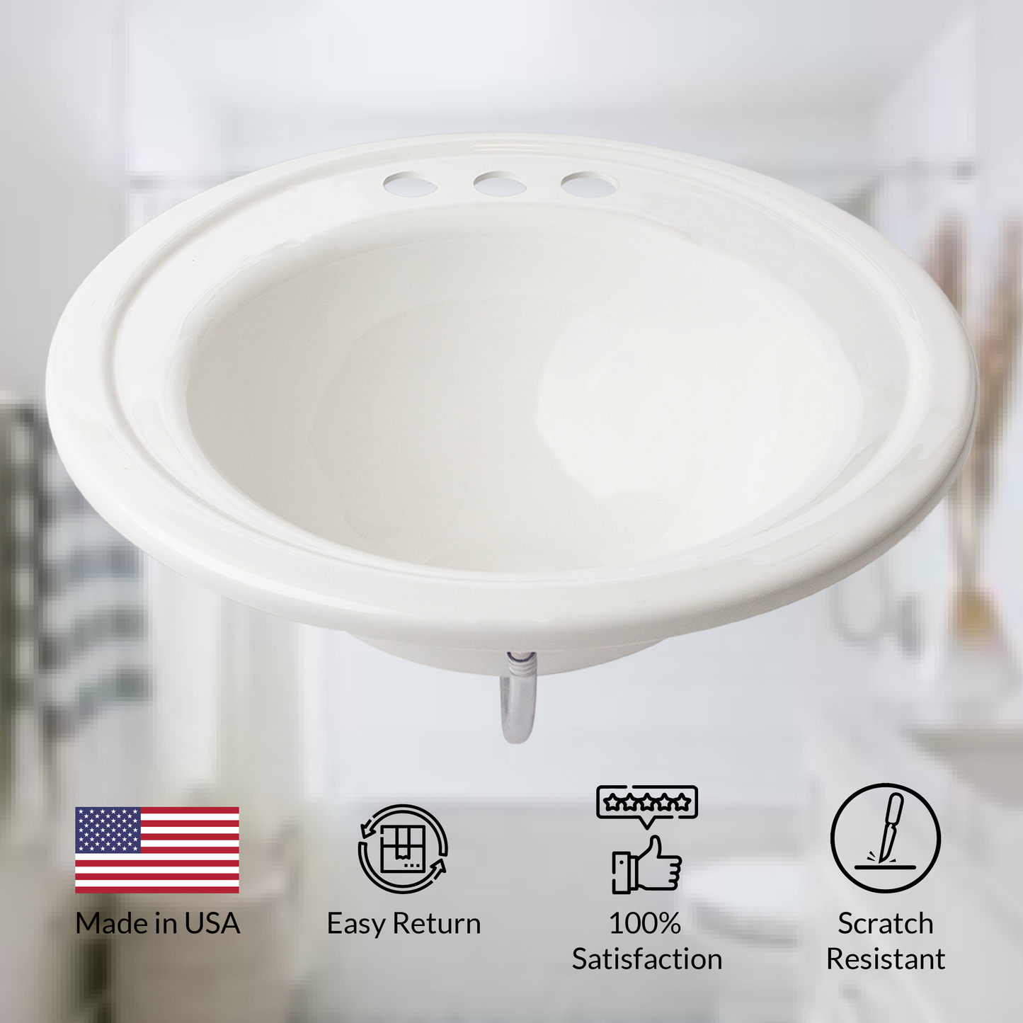 18" x 20" Round white Sink includes mounting tabs, screws and overflow tubing