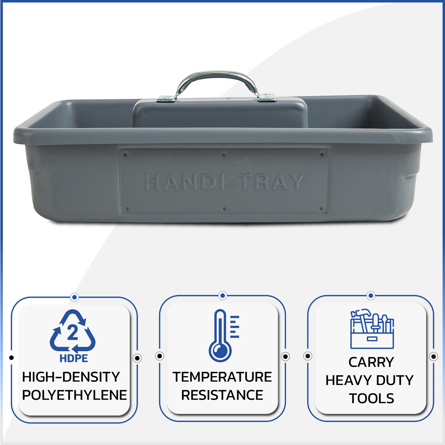 Pro-grade medium sized 18"x12.5"x6" Tote/tool Tray HDPE with reinforced handles, Gray