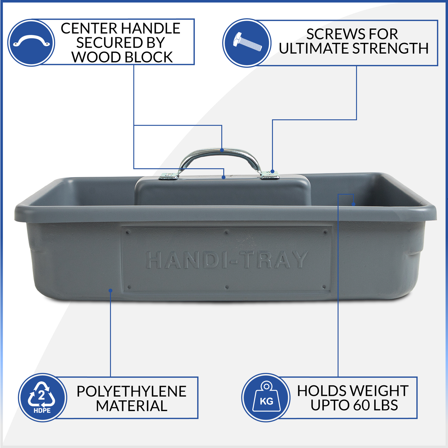 Pro-grade medium sized 18"x12.5"x6" Tote/tool Tray HDPE with reinforced handles, Gray