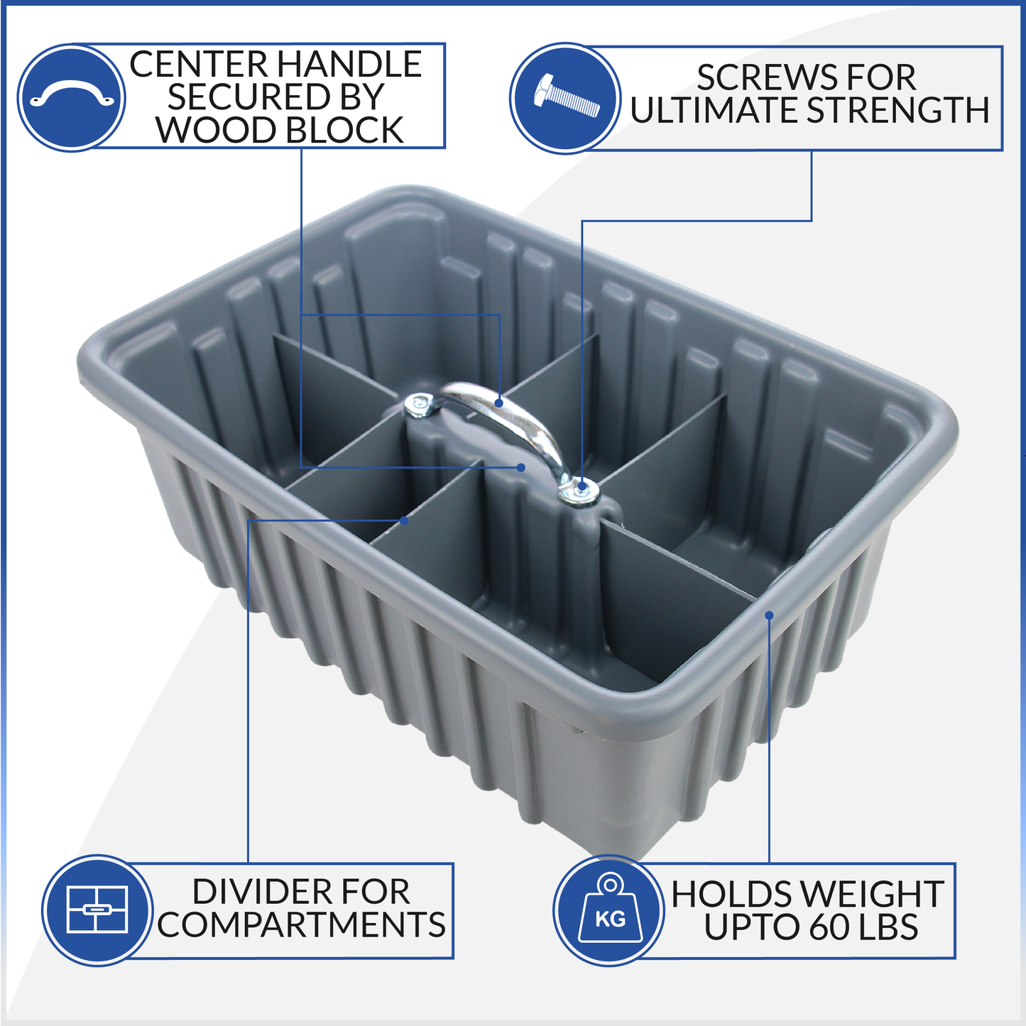 Pro-grade medium sized 16.5"x11.5"x6" Tote/tool Tray includes 6 dividers ,HDPE with reinforced handle, Gray