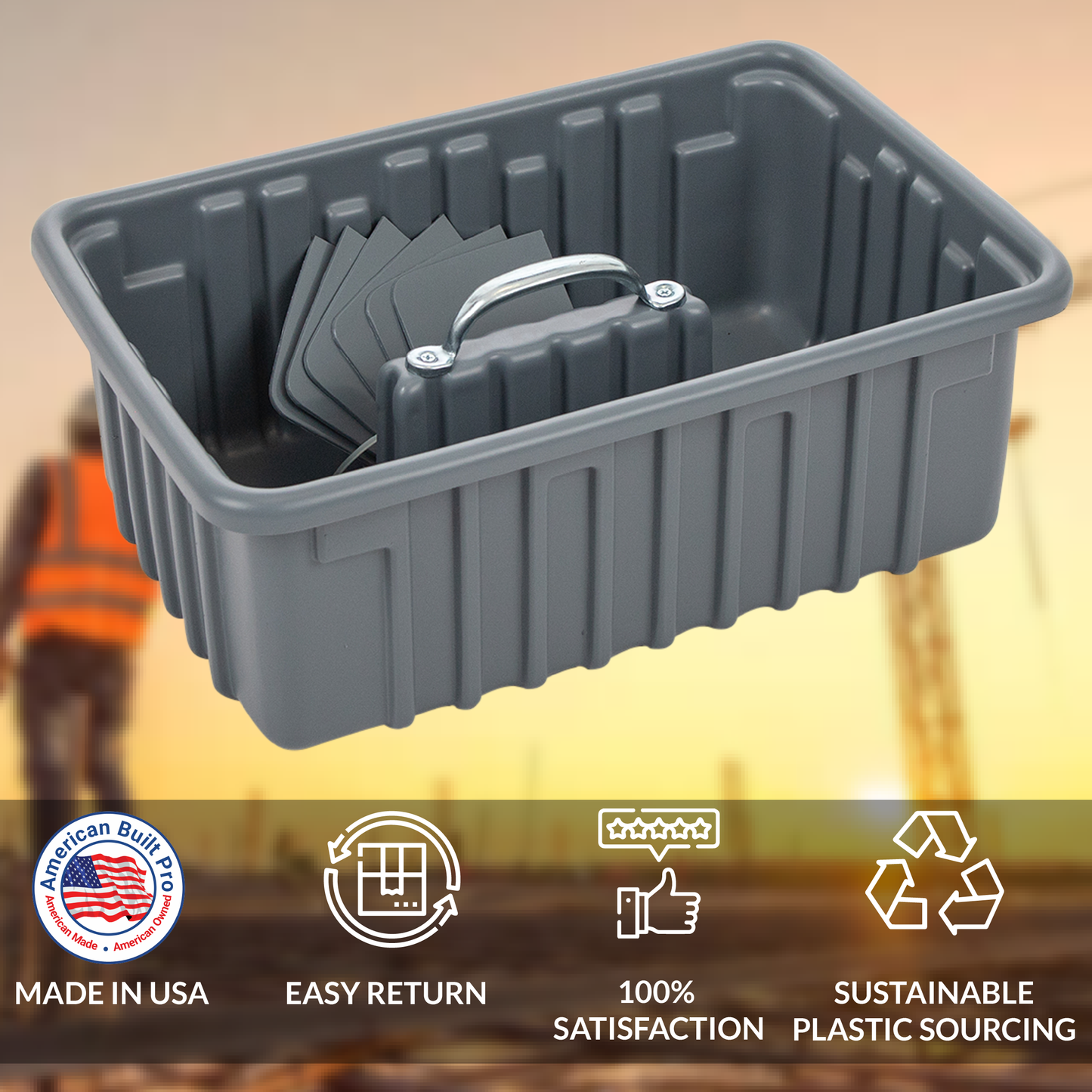 Pro-grade medium sized 16.5"x11.5"x6" Tote/tool Tray includes 6 dividers ,HDPE with reinforced handle, Gray