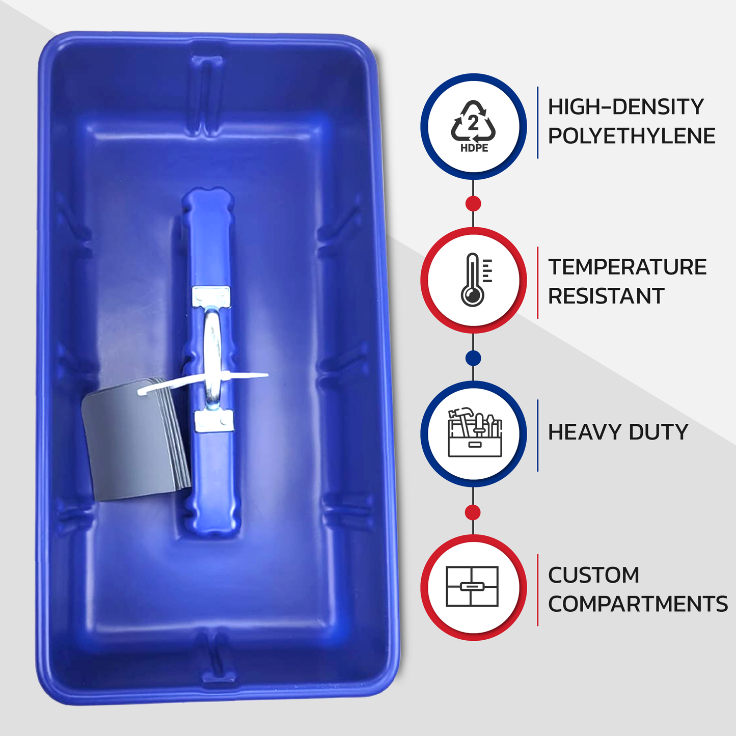Pro-grade medium sized 16.5"x11.5"x6" Tote/tool Tray, Cobalt Blue, includes 6 dividers ,HDPE with reinforced handle, Blue