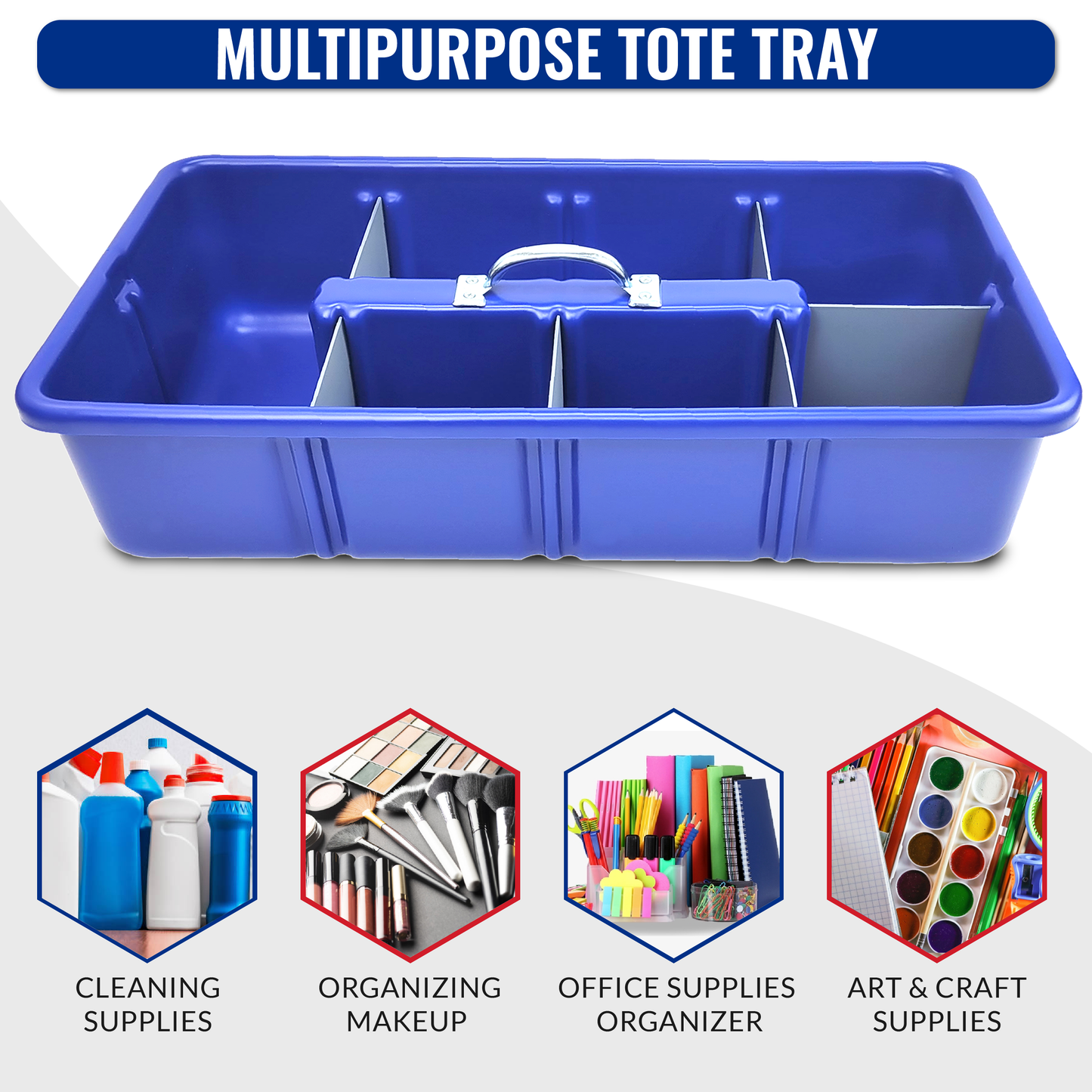 Pro-grade medium sized 16.5"x11.5"x6" Tote/tool Tray, Cobalt Blue, includes 6 dividers ,HDPE with reinforced handle, Blue