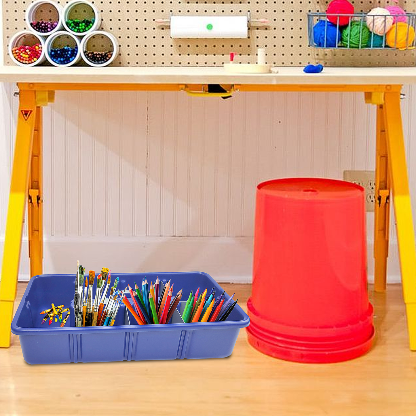 Pro-grade medium sized 16.5"x11.5"x6" Tote/tool Tray, Cobalt Blue, includes 6 dividers ,HDPE with reinforced handle, Blue