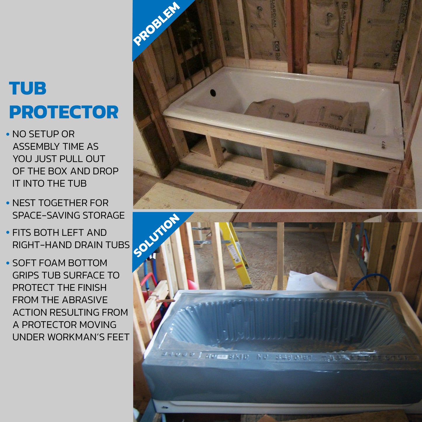 Tub Protector, 60 in x 30 in Plastic wFoam bottom tubs up to 16 in H, 35PK