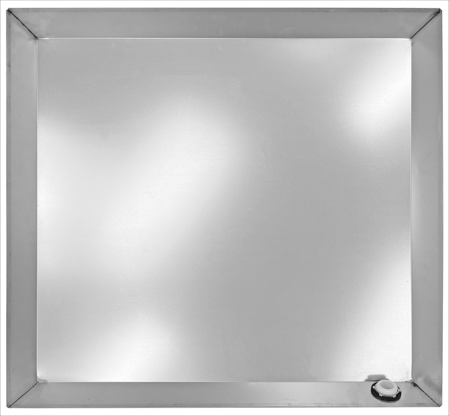 Water Heater Pan Square Galvanized Steel, pre-drilled w side PVC slip drainhose adapter