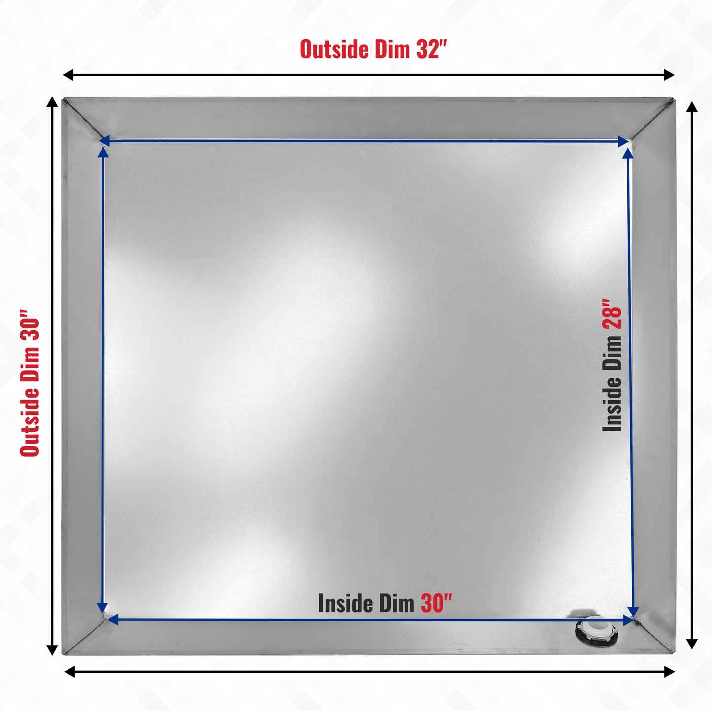 Water Heater Pan Square Galvanized Steel, pre-drilled w side PVC slip drainhose adapter