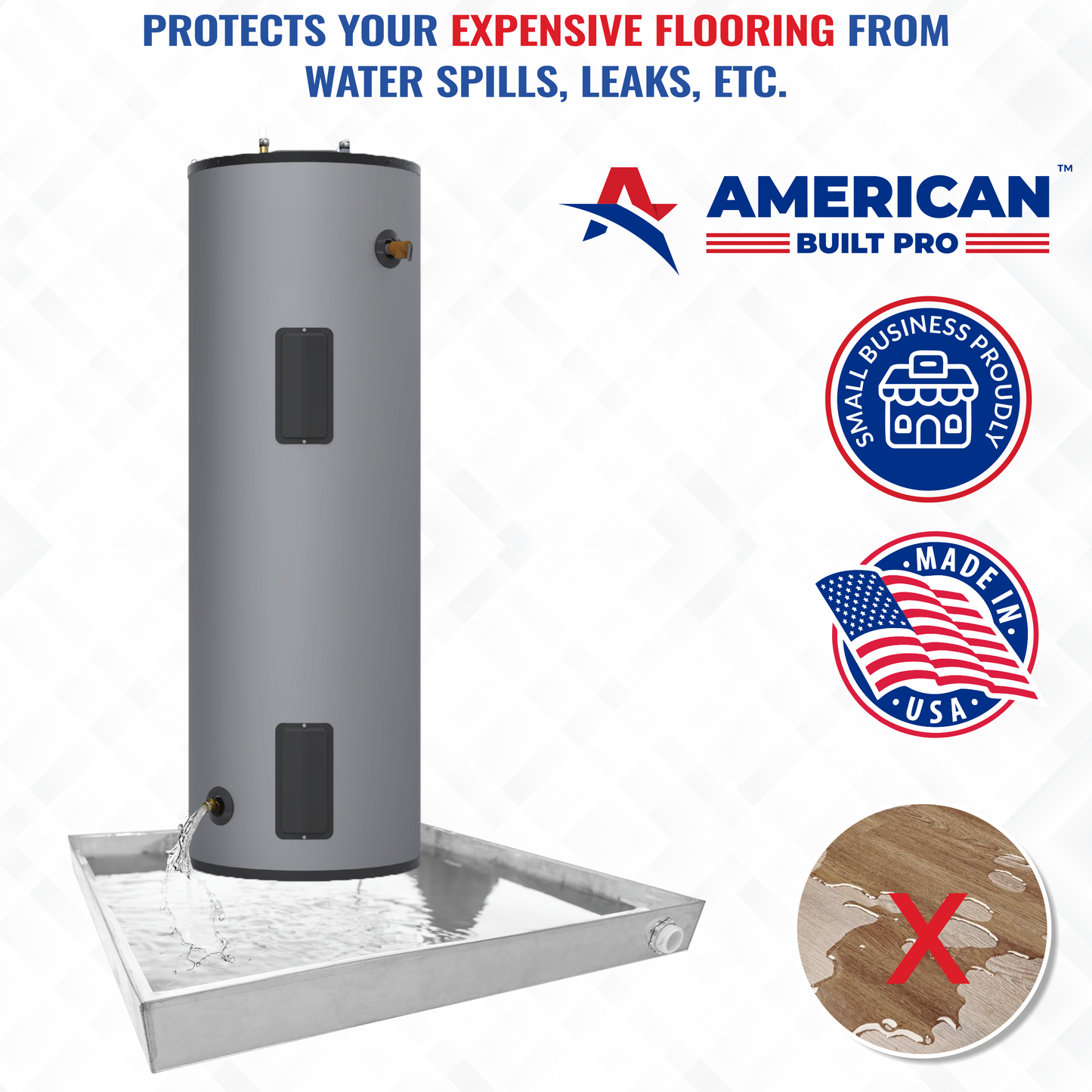Water Heater Pan Square Galvanized Steel, pre-drilled w side PVC slip drainhose adapter