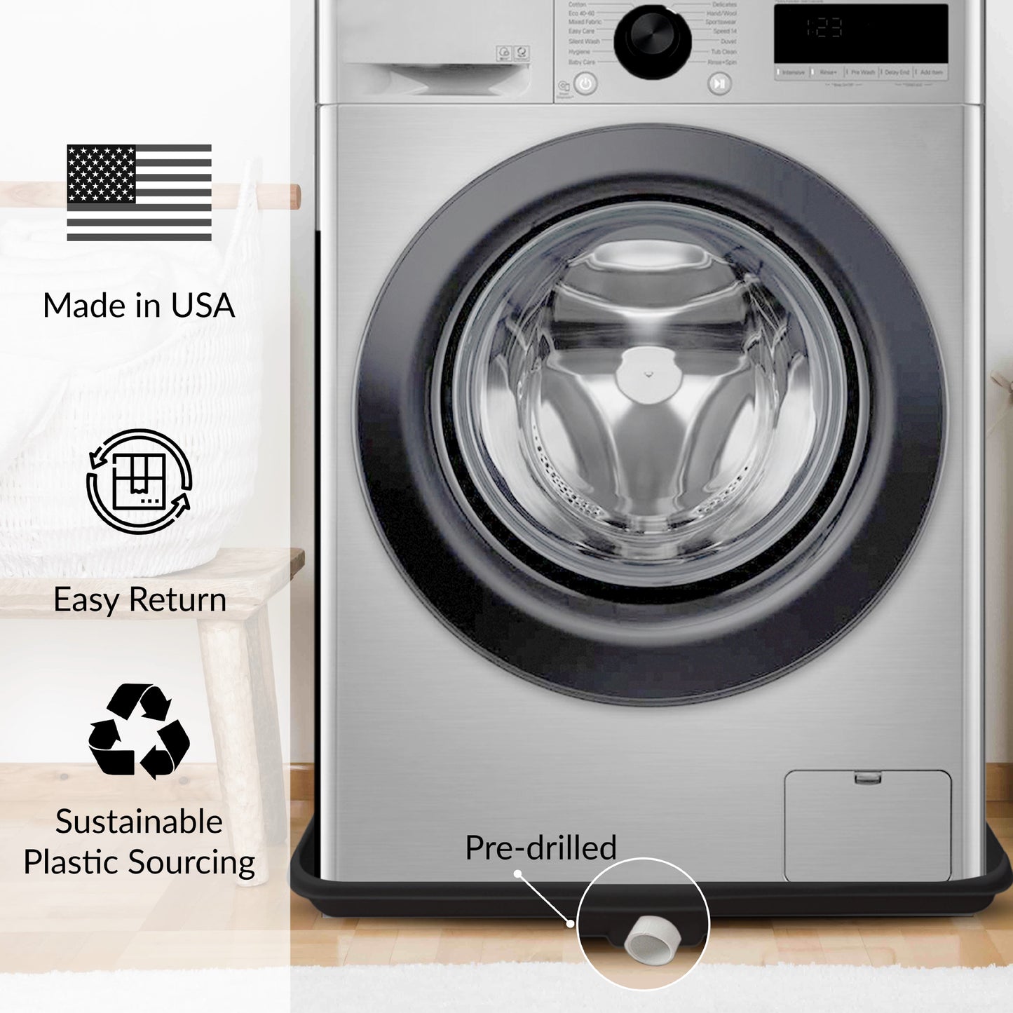 Pre-Drilled Washing Machine Pan Black incl drainhose adapter