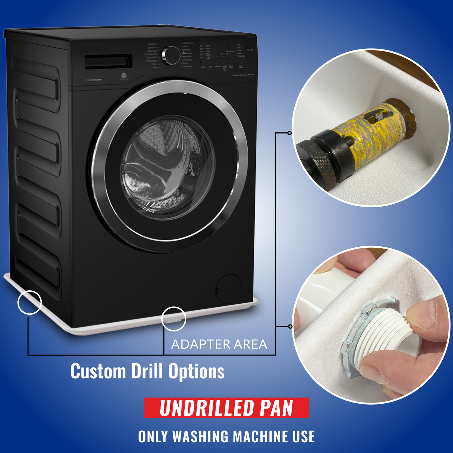 Undrilled Washing Machine Pan incl drainhose adapter