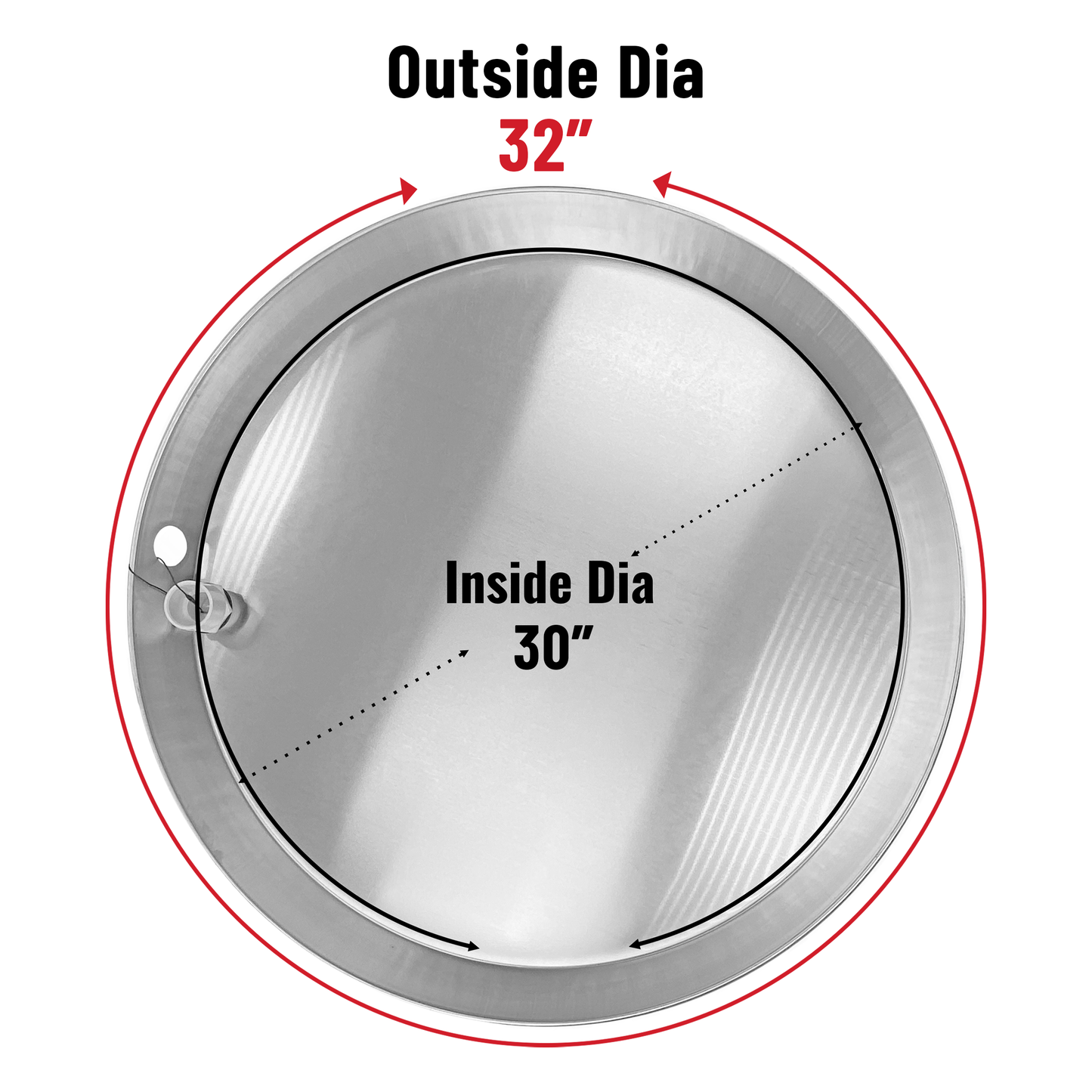 Water Heater Pan Round Aluminum, PRE-DRILLED w side PVC slip drainhose adapter