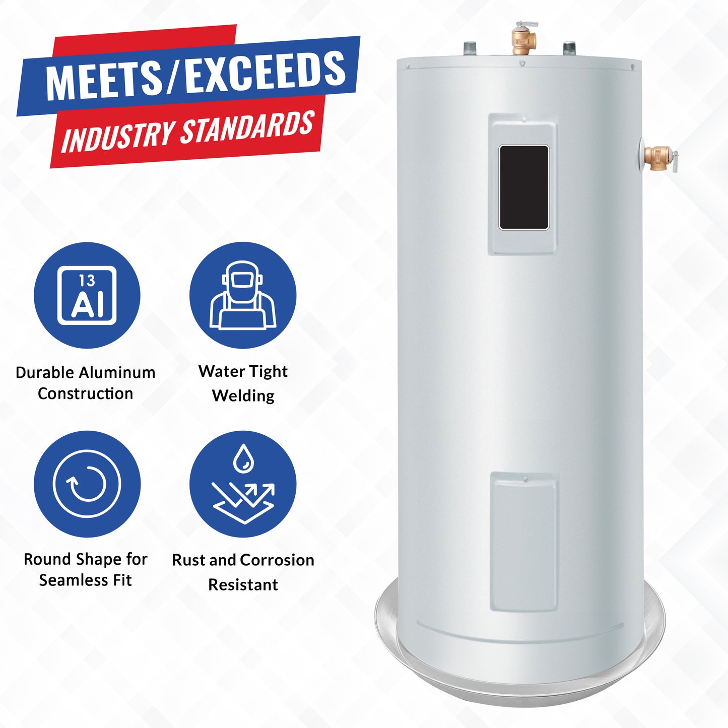 Water Heater Pan Round Aluminum, Pre-Drilled with Side PVC Slip Drain Hose Adapter