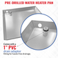 Water Heater Pan Square Galvanized Steel, pre-drilled w side PVC slip drainhose adapter