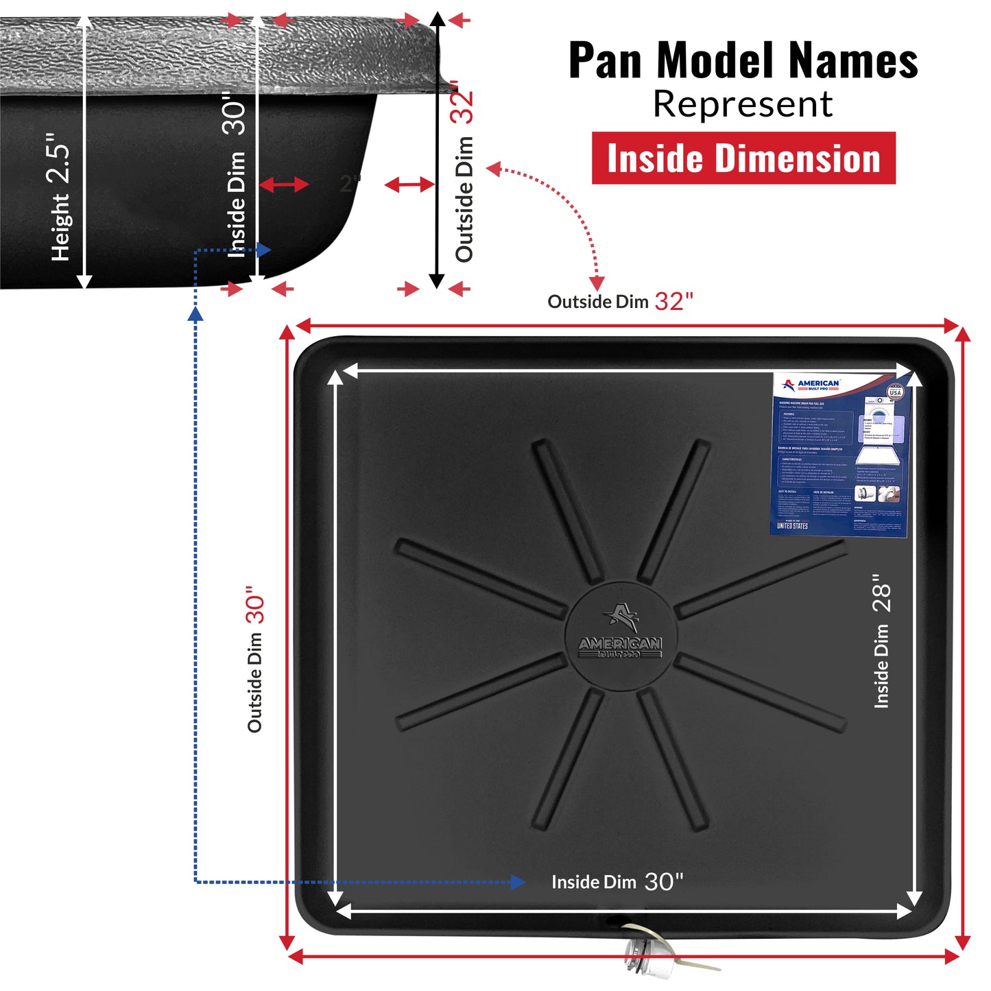 Pre-Drilled Washing Machine Pan Black incl drainhose adapter