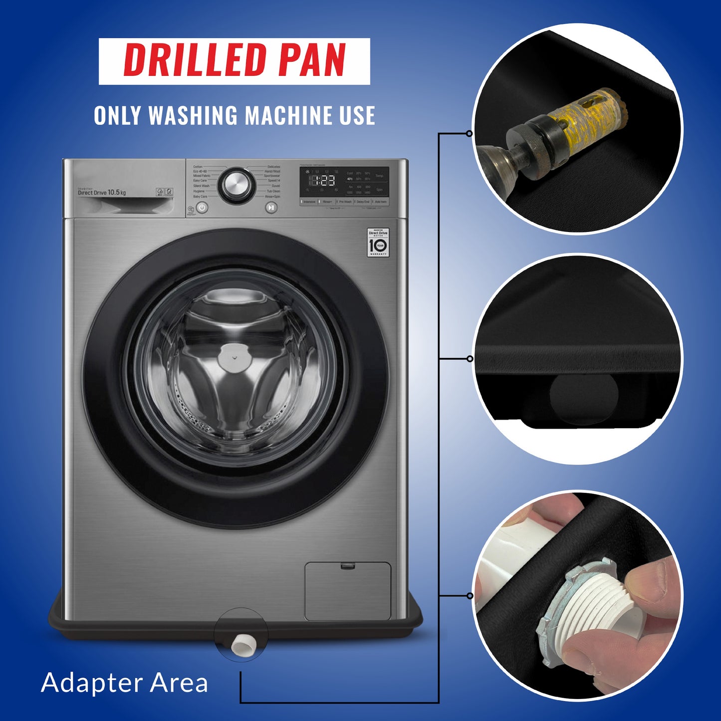 Pre-Drilled Washing Machine Pan Black incl drainhose adapter
